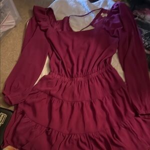 Purple Ruffled Tiered Midi Dress with Bishop Sleeves